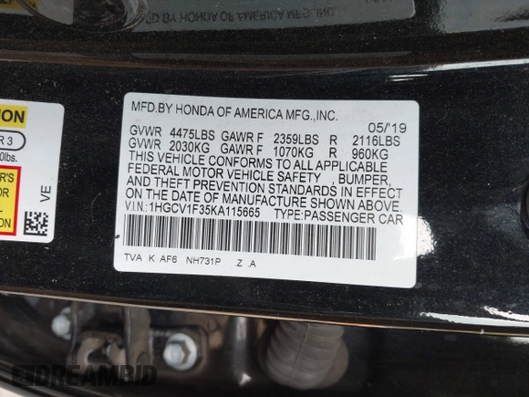 2019 Honda Accord Sport with VIN 1HGCV1F35KA115665, listed as a IAAI auction lot 42075601 with 231,163 mi miles and . Bid and sale history available at DreamBid. Image 9.