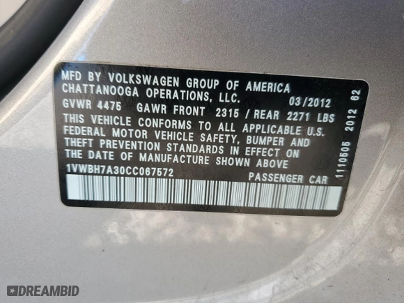 2012 Volkswagen Passat SE with VIN 1VWBH7A30CC067572, listed as a Copart auction lot 87018124 with 191,468 mi miles and Salvage Title. Bid and sale history available at carsss.com. Image 15.