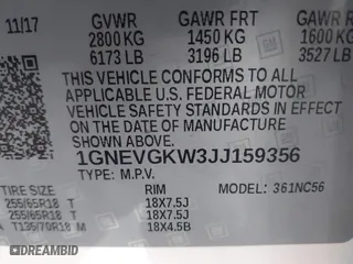2018 Chevrolet Traverse LT Cloth with VIN 1GNEVGKW3JJ159356, listed as a IAAI auction lot 41430477 with 57,541 mi miles. Bid and sale history available at carsss.com. Image 9.