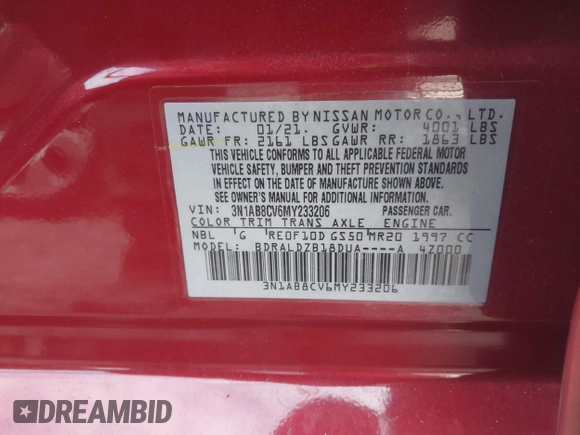 2021 Nissan Sentra SV with VIN 3N1AB8CV6MY233206, listed as a IAAI auction lot 41415100 with 46,639 mi miles. Bid and sale history available at carsss.com. Image 9.