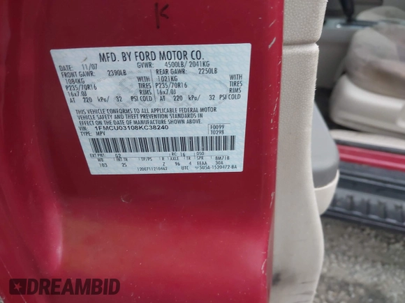 2008 Ford Escape XLT с VIN 1FMCU03108KC38240, выставлен на аукционе IAAI как лот 42121319 с пробегом 289 201 миль миль и . История ставок и продаж доступна на DreamBid. Изображение 9.