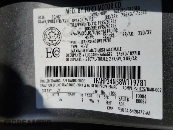 2008 Ford Focus S with VIN 1FAHP34N58W119781, listed as a Copart auction lot 54217965 with 189,971 mi miles and Salvage Title. Bid and sale history available at carsss.com. Image 12.