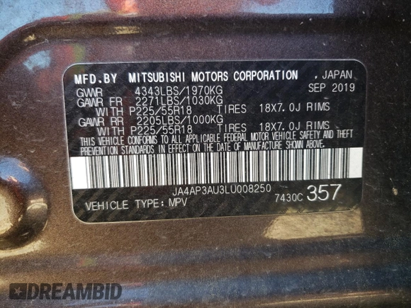 2020 Mitsubishi Outlander ES with VIN JA4AP3AU3LU008250, listed as a Copart auction lot 50710675 with 109,532 mi miles and Salvage title. Bid and sale history available at DreamBid. Image 15.