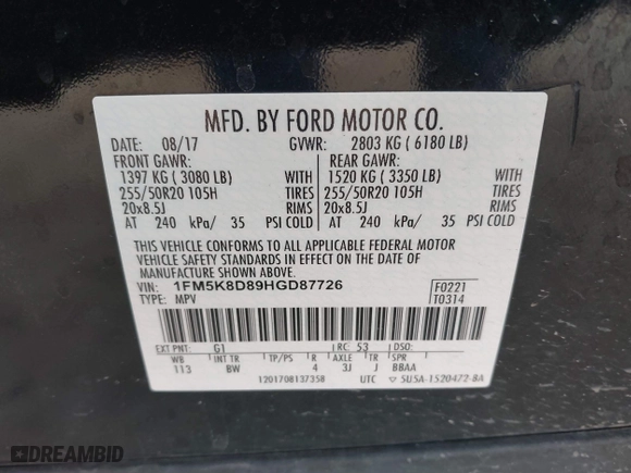 2017 Ford Explorer XLT with VIN 1FM5K8D89HGD87726, listed as a IAAI auction lot 41705174 with 95,799 mi miles. Bid and sale history available at carsss.com. Image 9.
