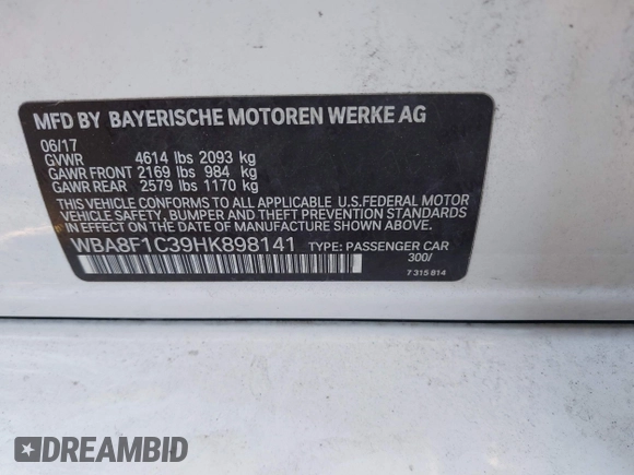 2017 BMW 3 Series 328d xDrive with VIN WBA8F1C39HK898141, listed as a IAAI auction lot 42654788 with 91,817 mi miles and . Bid and sale history available at DreamBid. Image 9.
