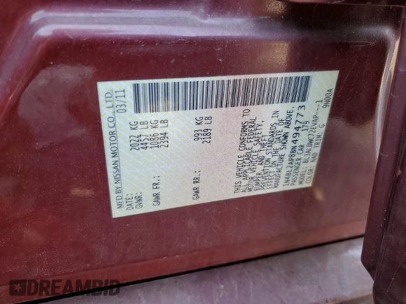 2011 Nissan Altima SR with VIN 1N4BL2AP8BN494773, listed as a Copart auction lot 57822825 with 94,366 mi miles and Salvage title. Bid and sale history available at DreamBid. Image 12.