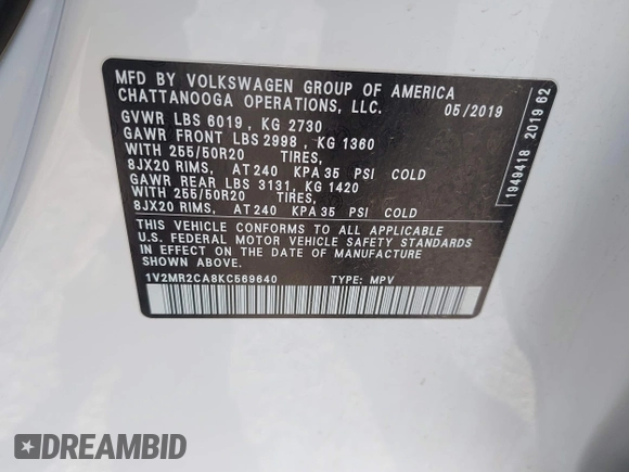 2019 Volkswagen Atlas SEL z VIN 1V2MR2CA8KC569640, wystawiony jako IAAI lot #42083995 z przebiegiem 127 104 mil mil oraz . Historia ofert i sprzedaży dostępna na DreamBid. Obrazek 9.