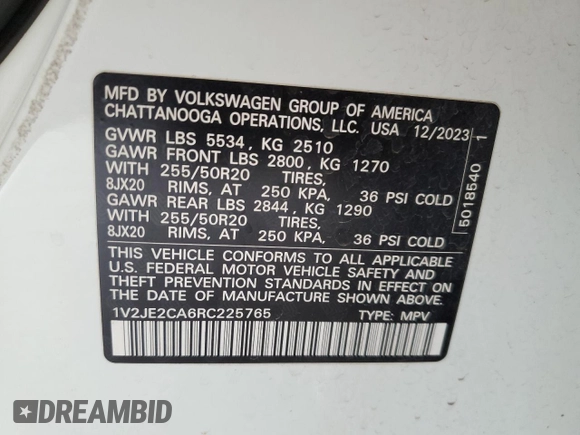 2024 Volkswagen Atlas SE z VIN 1V2JE2CA6RC225765, wystawiony jako Copart lot #51457225 z przebiegiem 16 604 mil mil oraz Szkoda całkowita • Salvage title. Historia ofert i sprzedaży dostępna na DreamBid. Obrazek 14.