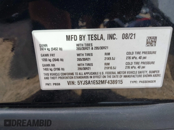 2021 Tesla Model S Long Range с VIN 5YJSA1E52MF438915, выставлен на аукционе IAAI как лот 40216222 с пробегом 15 миль миль и . История ставок и продаж доступна на DreamBid. Изображение 9.