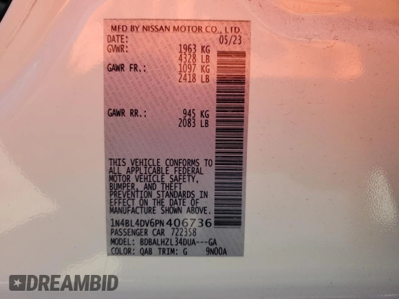 2023 Nissan Altima SV z VIN 1N4BL4DV6PN406736, wystawiony jako Copart lot #50531485 z przebiegiem 11 077 mil mil oraz Szkoda całkowita • Salvage title. Historia ofert i sprzedaży dostępna na DreamBid. Obrazek 12.