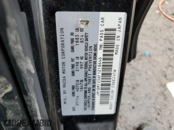 2015 Mazda 3 S Touring with VIN JM1BM1V36F1218646, listed as a Copart auction lot 44167345 with 155,327 mi miles and Salvage Title. Bid and sale history available at DreamBid. Image 12.