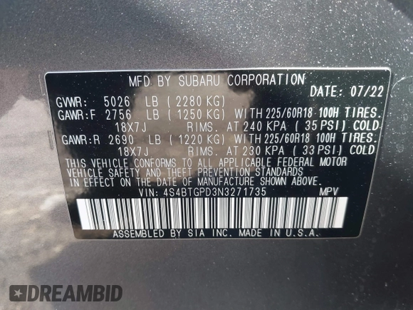 2022 Subaru Outback Touring XT with VIN 4S4BTGPD3N3271735, listed as a IAAI auction lot 41422630 with 22,875 mi miles and . Bid and sale history available at DreamBid. Image 9.