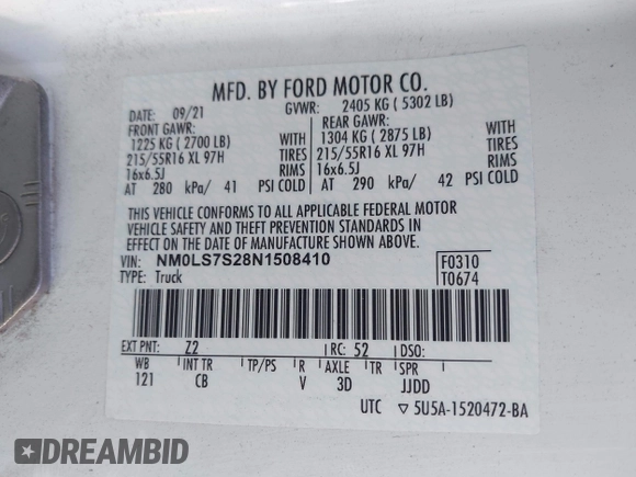 2022 Ford Transit Connect XL z VIN NM0LS7S28N1508410, wystawiony jako IAAI lot #41927425 z przebiegiem 158 515 mil mil oraz . Historia ofert i sprzedaży dostępna na DreamBid. Obrazek 9.