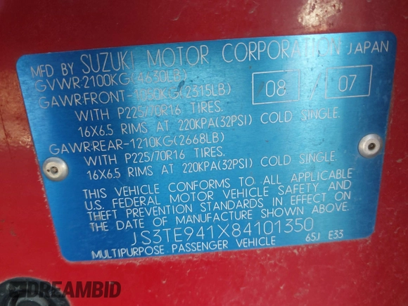 2008 Suzuki Grand Vitara z VIN JS3TE941X84101350, wystawiony jako IAAI lot #41659235 z przebiegiem 160 564 mil mil oraz . Historia ofert i sprzedaży dostępna na DreamBid. Obrazek 9.
