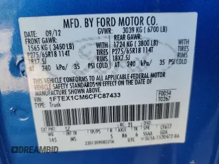 2012 Ford F-150 XL with VIN 1FTEX1CM6CFC87433, listed as a Copart auction lot 52502655 with Not Provided miles and Salvage Title. Bid and sale history available at carsss.com. Image 14.