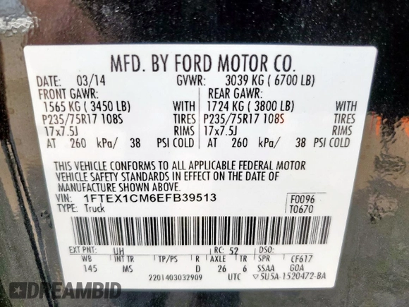 2014 Ford F-150 XL with VIN 1FTEX1CM6EFB39513, listed as a Copart auction lot 58960835 with 195,858 mi miles and Salvage title. Bid and sale history available at DreamBid. Image 12.