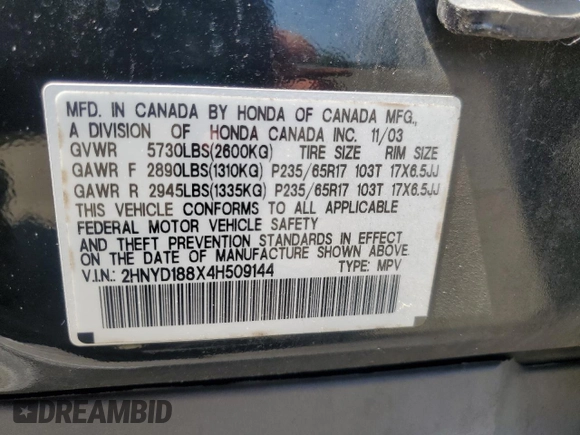 2004 Acura MDX Touring with VIN 2HNYD188X4H509144, listed as a Copart auction lot 58596645 with Not provided miles and Salvage title. Bid and sale history available at DreamBid. Image 13.