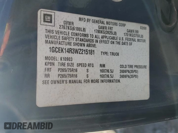 1998 Chevrolet Silverado 1500 with VIN 1GCEK14R3WZ215181, listed as a Copart auction lot 41839755 with 151,190 mi miles and Salvage Title. Bid and sale history available at DreamBid. Image 12.