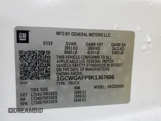 2019 Chevrolet Express Cargo with VIN 1GCWGAFP9K1367606, listed as a Copart auction lot 87336624 with 98,989 mi miles and Clean title. Bid and sale history available at DreamBid. Image 13.