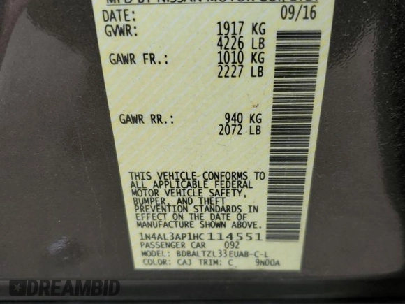 2017 Nissan Altima SV with VIN 1N4AL3AP1HC114551, listed as a Copart auction lot 58602075 with 81,839 mi miles and Salvage title. Bid and sale history available at DreamBid. Image 12.
