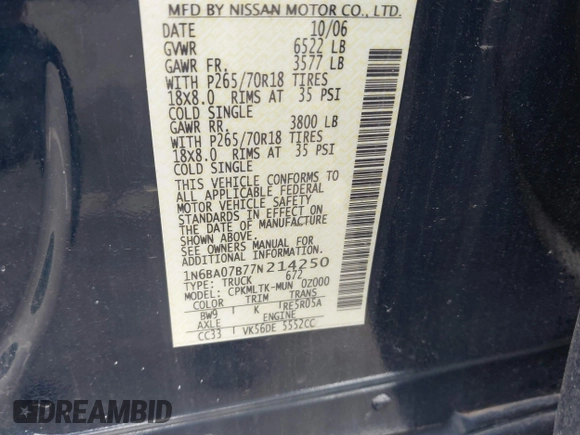 2007 Nissan Titan SE z VIN 1N6BA07B77N214250, wystawiony jako IAAI lot #42514141 z przebiegiem 184 576 mil mil oraz . Historia ofert i sprzedaży dostępna na DreamBid. Obrazek 9.