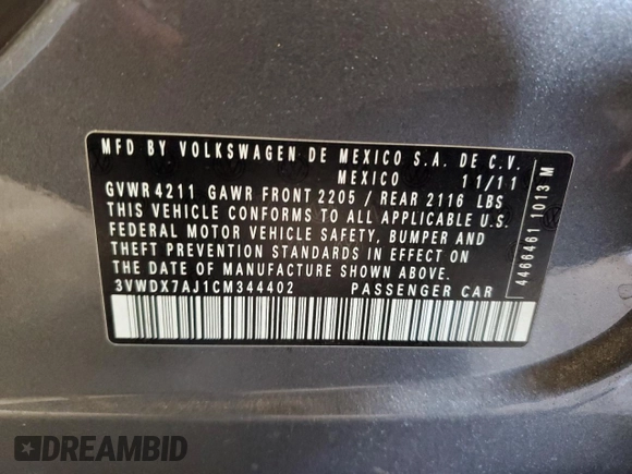 2012 Volkswagen Jetta SE with VIN 3VWDX7AJ1CM344402, listed as a Copart auction lot 69927324 with 173,569 mi miles and Salvage title. Bid and sale history available at DreamBid. Image 14.
