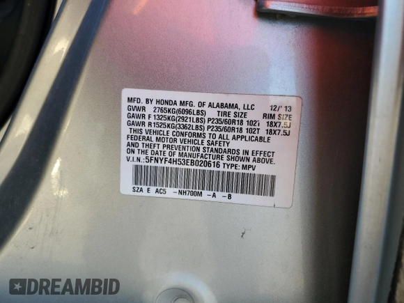 2014 Honda Pilot EX-L with VIN 5FNYF4H53EB020616, listed as a Copart auction lot 41699005 with 124,698 mi miles and Salvage Title. Bid and sale history available at DreamBid. Image 15.