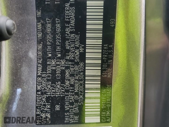 2020 Toyota Sienna LE Auto Access Seat with VIN 5TDKZ3DC3LS041096, listed as a Copart auction lot 55916635 with 82,780 mi miles and Salvage title. Bid and sale history available at DreamBid. Image 13.