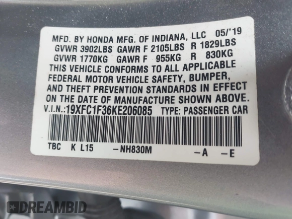 2019 Honda Civic Sedan EX with VIN 19XFC1F36KE206085, listed as a IAAI auction lot 41208449 with 79,860 mi miles. Bid and sale history available at carsss.com. Image 9.