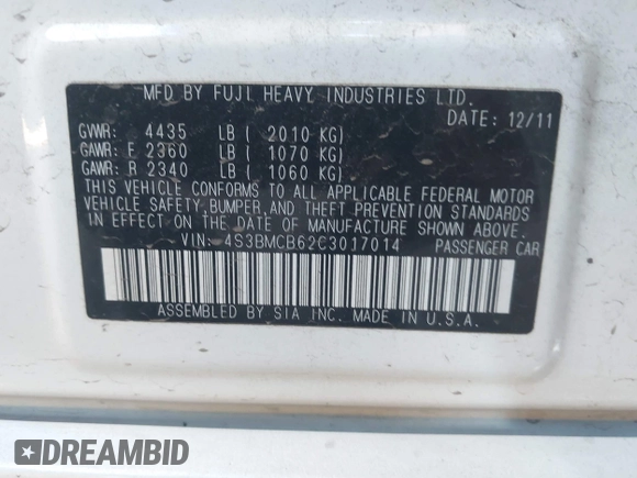 2012 Subaru Legacy Premium with VIN 4S3BMCB62C3017014, listed as a IAAI auction lot 42555500 with 109,027 mi miles and . Bid and sale history available at DreamBid. Image 9.