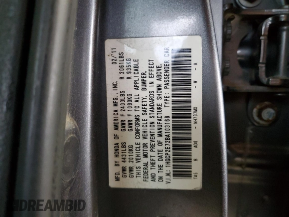 2011 Honda Accord EX with VIN 1HGCP2E72BA103168, listed as a Copart auction lot 73294454 with 65,234 mi miles and Salvage title. Bid and sale history available at DreamBid. Image 12.