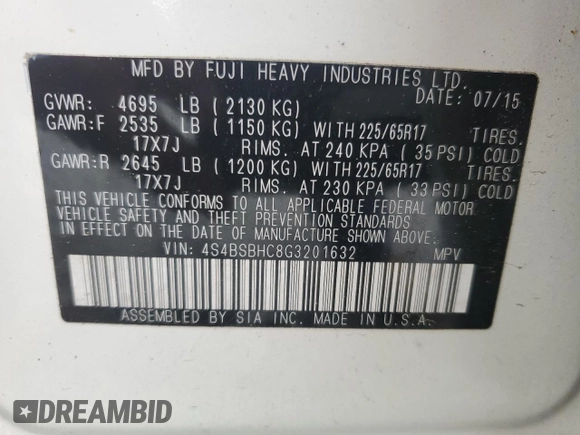 2016 Subaru Outback Premium z VIN 4S4BSBHC8G3201632, wystawiony jako Copart lot #54175425 z przebiegiem 82 324 mil mil oraz Szkoda całkowita • Salvage title. Historia ofert i sprzedaży dostępna na DreamBid. Obrazek 14.