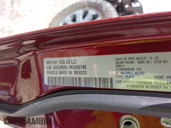 2021 Ram 2500 Laramie with VIN 3C6UR5NL1MG650746, listed as a IAAI auction lot 41676556 with Not Provided miles. Bid and sale history available at carsss.com. Image 9.