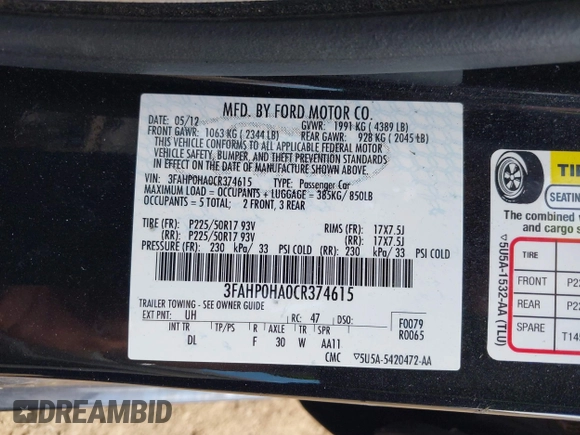 2012 Ford Fusion SE with VIN 3FAHP0HA0CR374615, listed as a IAAI auction lot 42594819 with 124,168 mi miles and . Bid and sale history available at DreamBid. Image 9.
