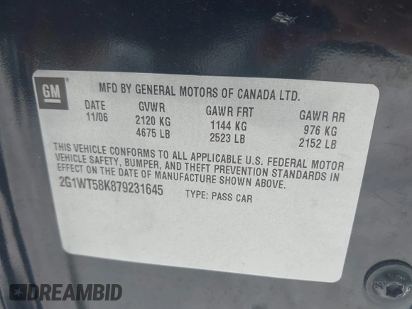 2007 Chevrolet Impala LT with VIN 2G1WT58K879231645, listed as a IAAI auction lot 42142811 with 103,441 mi miles and . Bid and sale history available at DreamBid. Image 9.