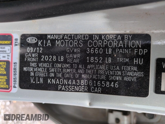 2013 Kia Rio EX with VIN KNADN4A38D6165846, listed as a Copart auction lot 61472955 with 180,536 mi miles and Salvage title. Bid and sale history available at DreamBid. Image 13.