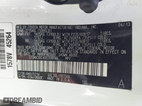 2013 Toyota Sienna LE AAS with VIN 5TDKK3DC4DS358746, listed as a IAAI auction lot 41788838 with 92,281 mi miles. Bid and sale history available at carsss.com. Image 9.