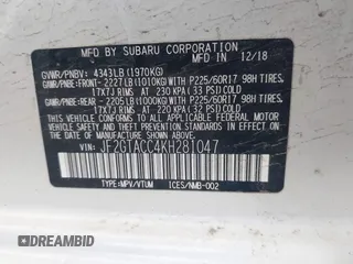 2019 Subaru Crosstrek Premium с VIN JF2GTACC4KH281047, выставлен на аукционе IAAI как лот 41949761 с пробегом 67 154 миль миль и . История ставок и продаж доступна на DreamBid. Изображение 9.