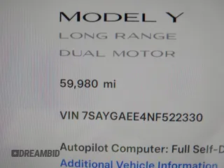 2022 Tesla Model Y Long Range with VIN 7SAYGAEE4NF522330, listed as a IAAI auction lot 42046691 with 59,980 mi miles and . Bid and sale history available at carsss.com. Image 14.