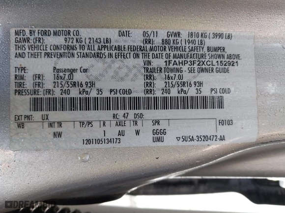 2012 Ford Focus SE with VIN 1FAHP3F2XCL152921, listed as a IAAI auction lot 41962319 with 149,910 mi miles. Bid and sale history available at carsss.com. Image 9.