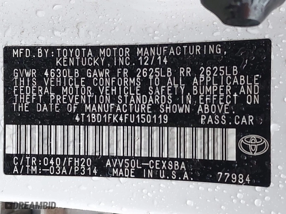 2015 Toyota Camry Hybrid LE with VIN 4T1BD1FK4FU150119, listed as a IAAI auction lot 41535751 with 184,338 mi miles. Bid and sale history available at carsss.com. Image 9.