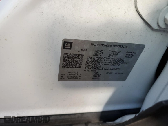 2020 GMC Acadia SLT with VIN 1GKKNMLS4LZ139437, listed as a Copart auction lot 49585185 with Not Provided miles and Salvage Title. Bid and sale history available at DreamBid. Image 12.