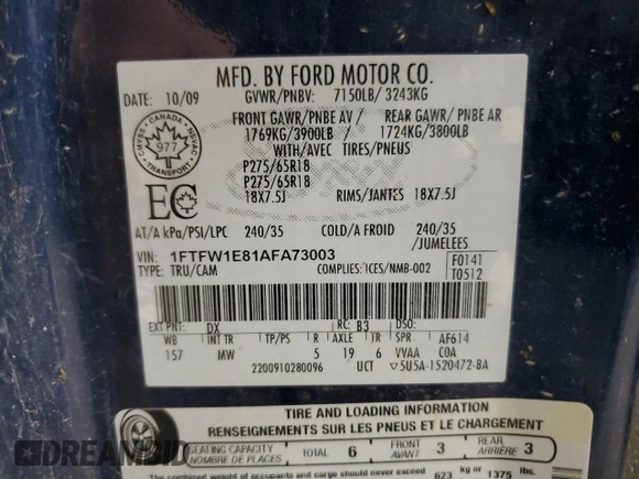 2010 Ford F-150 XL with VIN 1FTFW1E81AFA73003, listed as a Copart auction lot 62316115 with Not provided miles and Clean title. Bid and sale history available at DreamBid. Image 12.