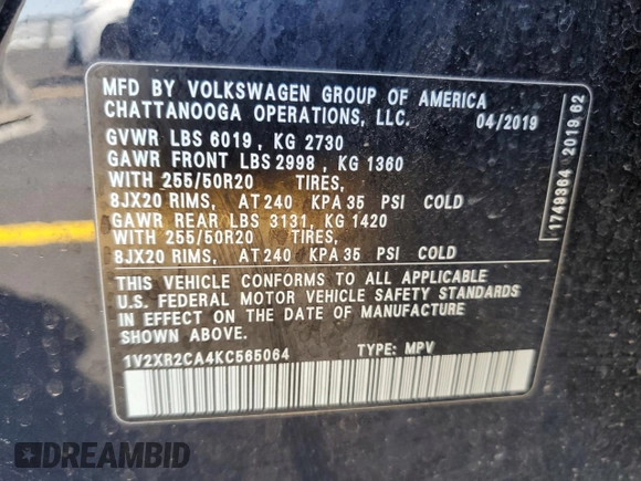 2019 Volkswagen Atlas SE z VIN 1V2XR2CA4KC565064, wystawiony jako Copart lot #57879675 z przebiegiem 43 143 mil mil oraz Szkoda całkowita • Salvage title. Historia ofert i sprzedaży dostępna na DreamBid. Obrazek 13.