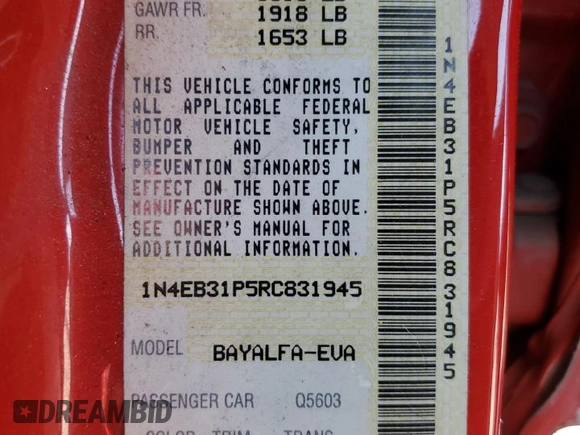 1994 Nissan Sentra with VIN 1N4EB31P5RC831945, listed as a Copart auction lot 60552745 with 212,470 mi miles and Salvage title. Bid and sale history available at DreamBid. Image 12.