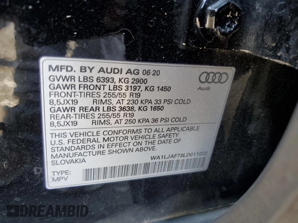 2020 Audi Q7 Premium Plus with VIN WA1LJAF73LD011022, listed as a Copart auction lot 88948205 with 58,296 mi miles and Salvage title. Bid and sale history available at DreamBid. Image 14.