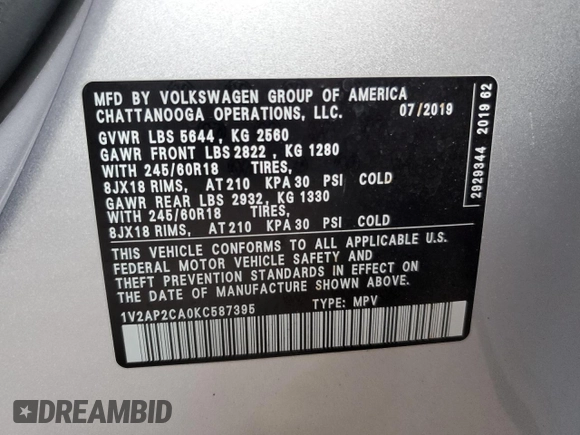 2019 Volkswagen Atlas S z VIN 1V2AP2CA0KC587395, wystawiony jako Copart lot #69714514 z przebiegiem 70 870 mil mil oraz Nie do naprawy • Non repairable. Historia ofert i sprzedaży dostępna na DreamBid. Obrazek 14.