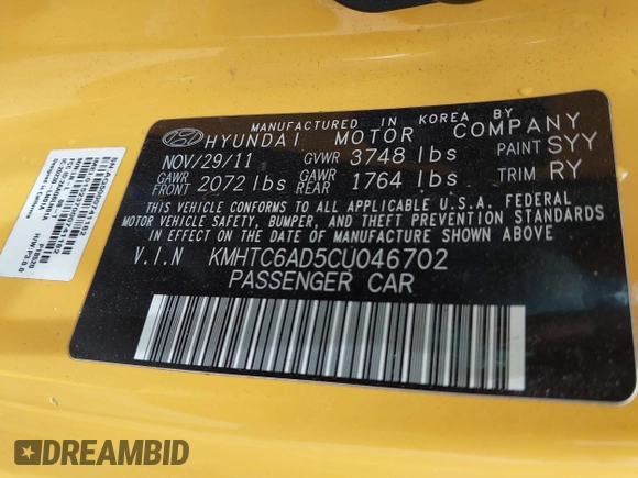 2012 Hyundai Veloster w/Black Int with VIN KMHTC6AD5CU046702, listed as a IAAI auction lot 42245379 with 136,327 mi miles and . Bid and sale history available at DreamBid. Image 9.