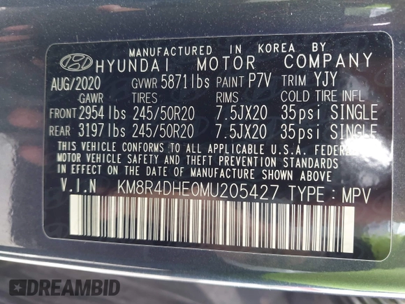 2021 Hyundai Palisade SEL with VIN KM8R4DHE0MU205427, listed as a IAAI auction lot 42436615 with 53,759 mi miles and . Bid and sale history available at DreamBid. Image 9.