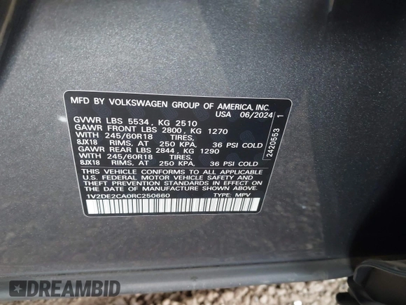 2024 Volkswagen Atlas SE with VIN 1V2DE2CA0RC250660, listed as a IAAI auction lot 42085431 with 14,268 mi miles and . Bid and sale history available at DreamBid. Image 9.